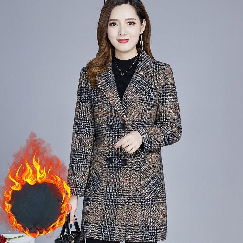 Mother's Clothing Plaid Woolen Jacket 5xl Autumn Winter Female Thicken Slim Middle Length Outwear Korea Women's Casual Wool Coat