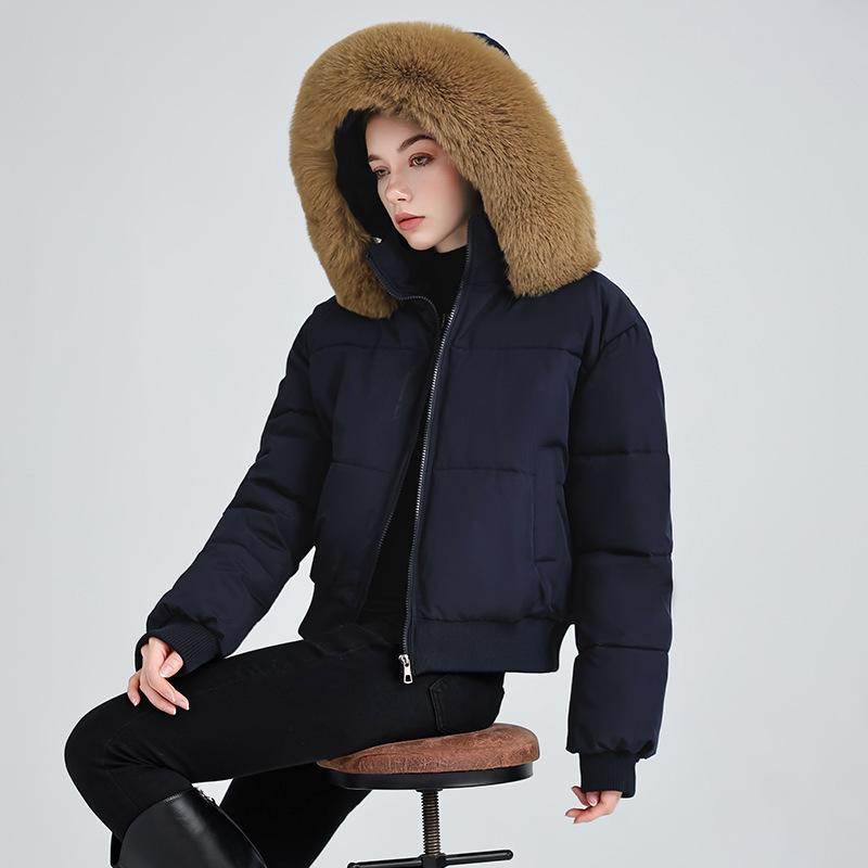Navy blue design sense hooded fur collar cotton clothes women's winter new short cotton-padded clothes bread clothes jacket