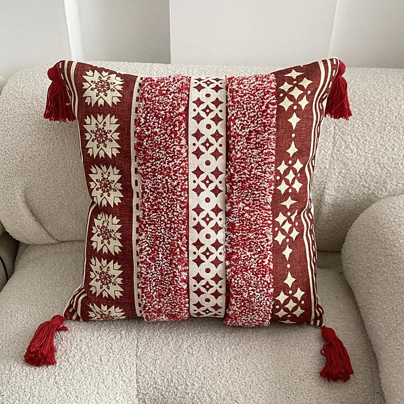 New Tufted Linen Printed Pillow Cover Bohemian Style Sofa Bedroom Bedside Decorative Cushion