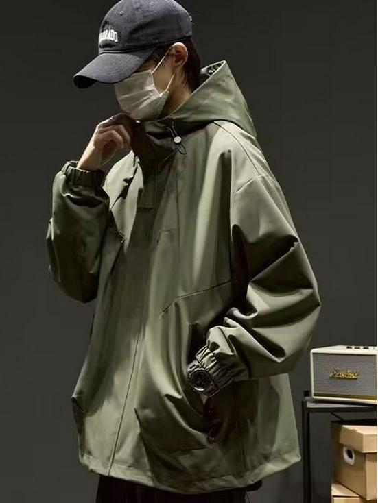 Men's Trendy Outdoor Hooded Windbreaker: Functional Loose-Fit Jacket for Spring, Autumn, Winter