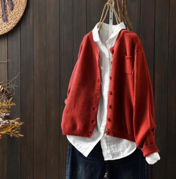 Johnature Женские Винтажные Вязаные Свитеры С Круглым Вырезом С Длинным Рукавом Осенняя Одежда Однотонные На Пуговицах Женские Свитеры One Size красный