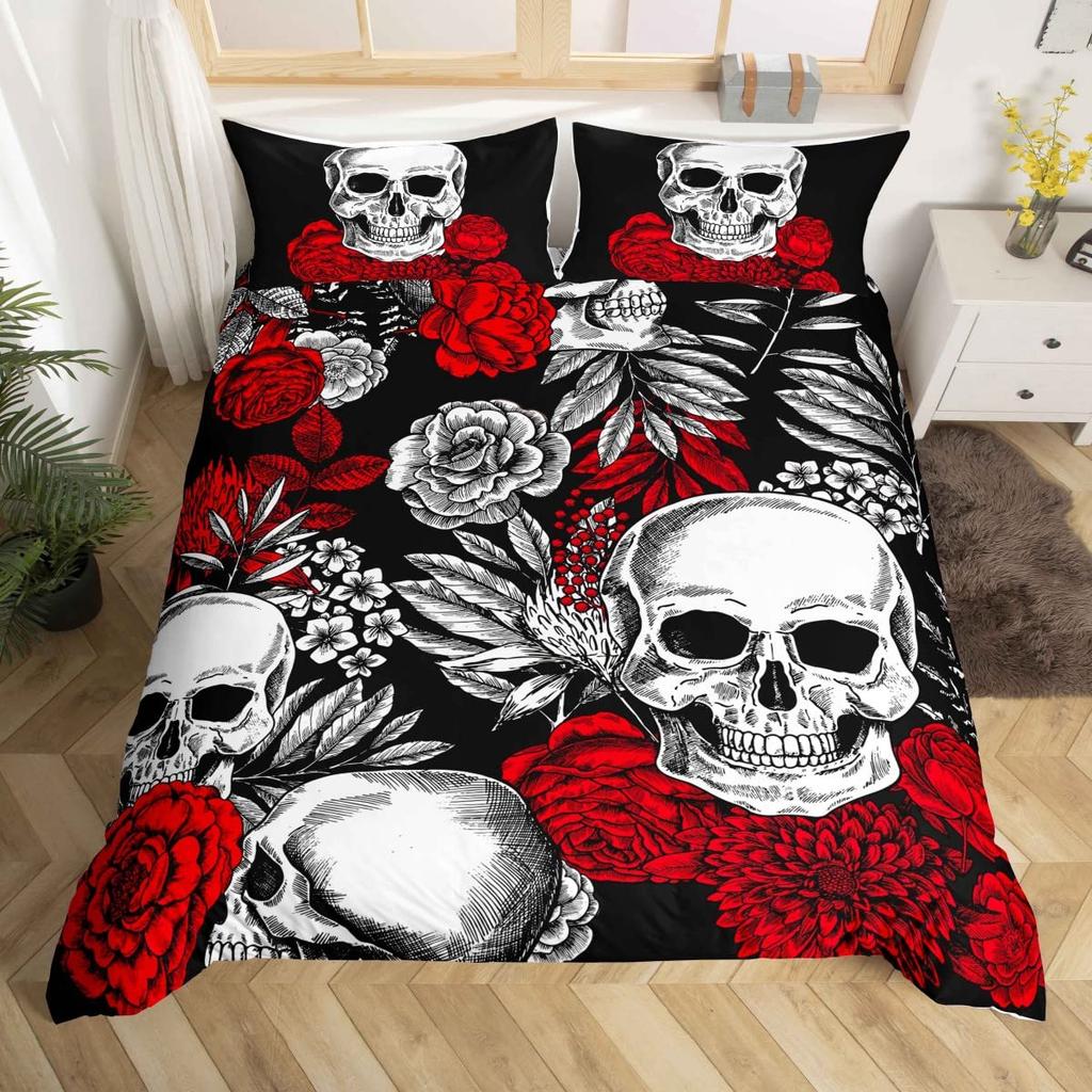 Bettbezug-Set Schwarz Totenkopf Skelett/Paisley Floral Gothic Luxus Weiches Bettwäsche-Set Bettdeckenbezug Halloween-Dekor,Queen-Size