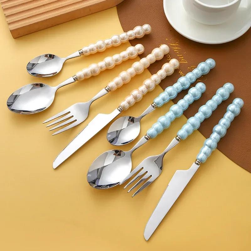 1Pcs Luxury Dinnerware Set Ceramic Pearl Handle Stainless Steel Spoon And Fork Set Western Silver Cutlery High-looking Tableware