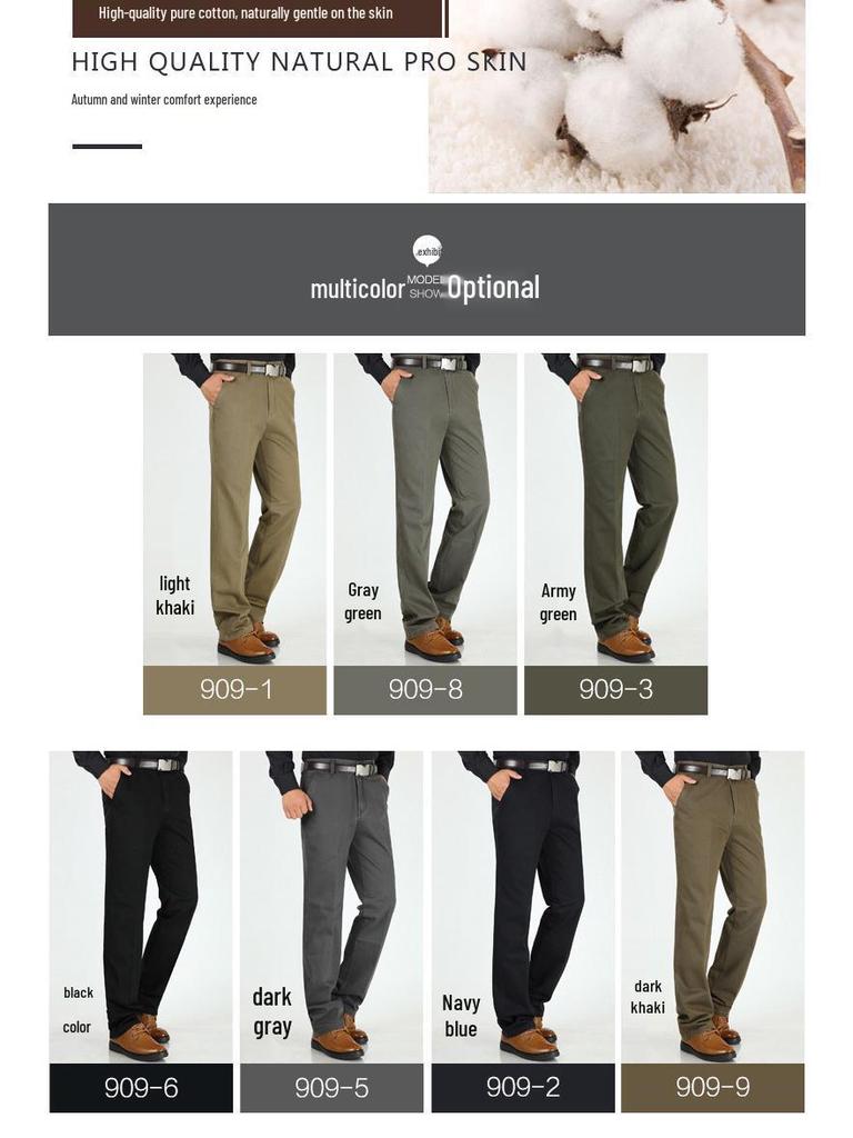 Men's Cotton Casual Pants - Autumn/Winter, Loose Fit, High Waist, Straight Leg, Middle-Aged To Elderly