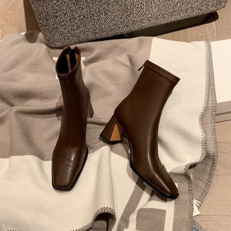 Koreanische Bestellung! Einfach! Braune quadratische Zehenpartie dicke hohe Absätze elastische kurze Stiefel Reißverschluss dünne Single-Stiefel
