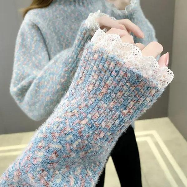 Lace Half High Collar Sweaters Women's Autumn and Winter Large Size Loose Bottom Knitted Pullovers Casual Print Jumpers