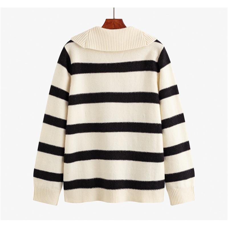 Women's Plus Size Lapel Long Sleeve Striped Shirt Autumn and Winter Loose Knitwear