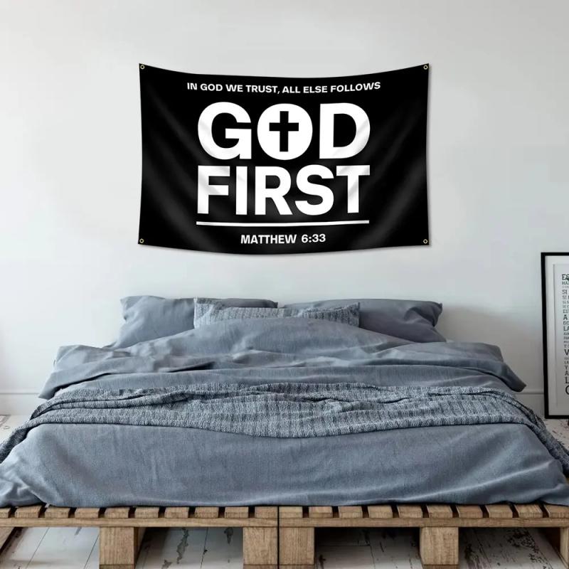 God First Christian Flag Tapestry Matthew 633 Bible Verse Wall Hanging Polyester Faith Decor for Bedroom Dorm Church