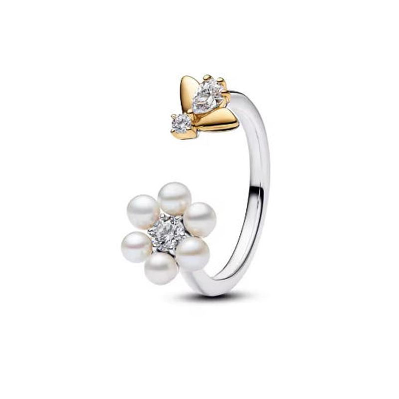 S925 Silver Pink Flower Bee and Bow Women's Ring Fashionable and Versatile Gift for Friends 2026