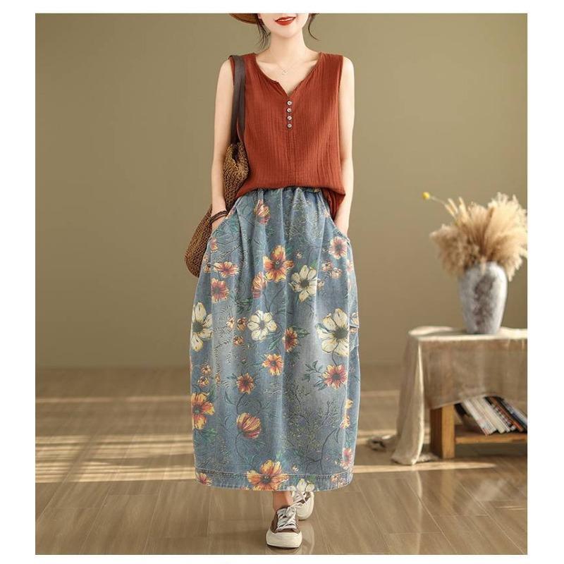 Mori Girl Autumn Women Midi Denim Skirt Elastic Waist Floral Print Vintage Skirt Retro Elegant Skirt With Pockets