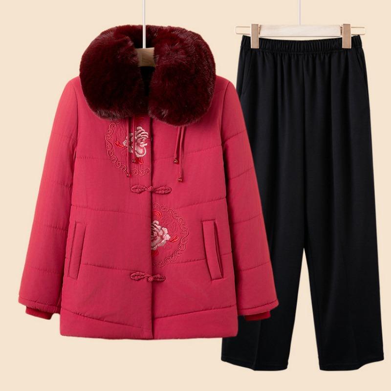 Winter new grandma clothes fleece thickened cotton-padded coat middle old mother fur collar cotton-padded jacket old lady cotton-padded clothes women