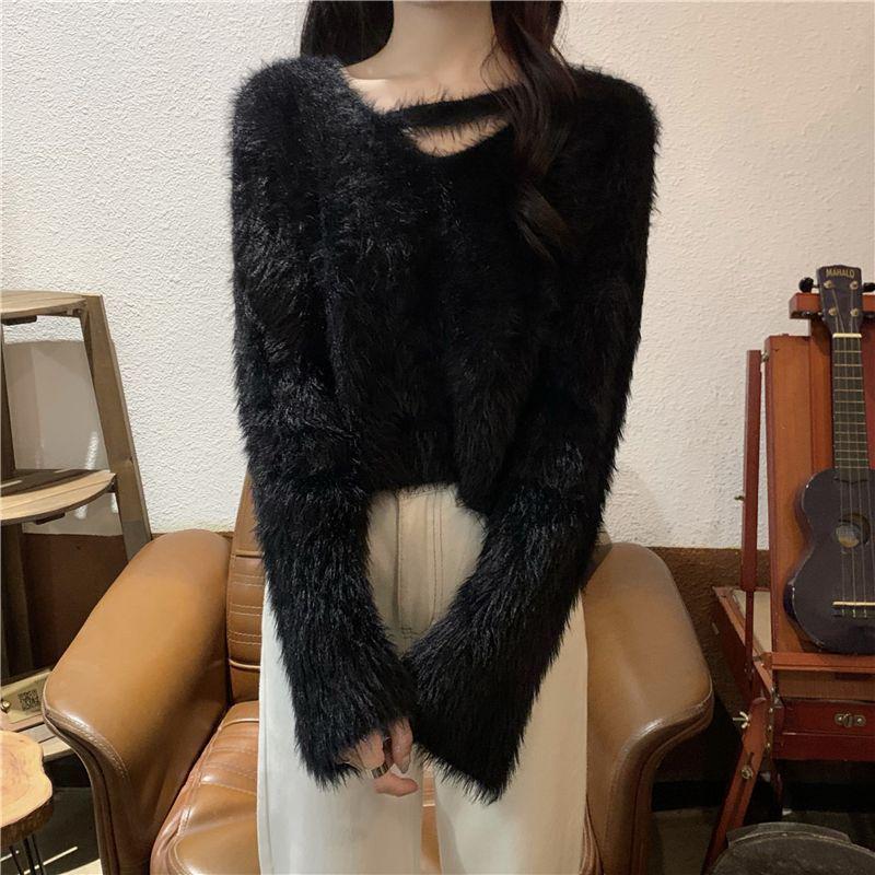 Trendy V-Neck Faux Mink Fur Sweater for Women - Autumn/Winter Cozy Knit Top