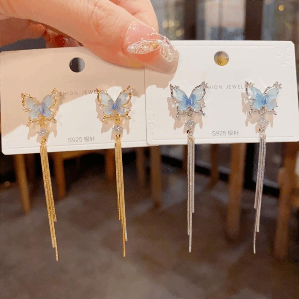 Gold Plated Butterfly Tassel Drop Earrings Shiny Zircon Stud Earrings  for Women