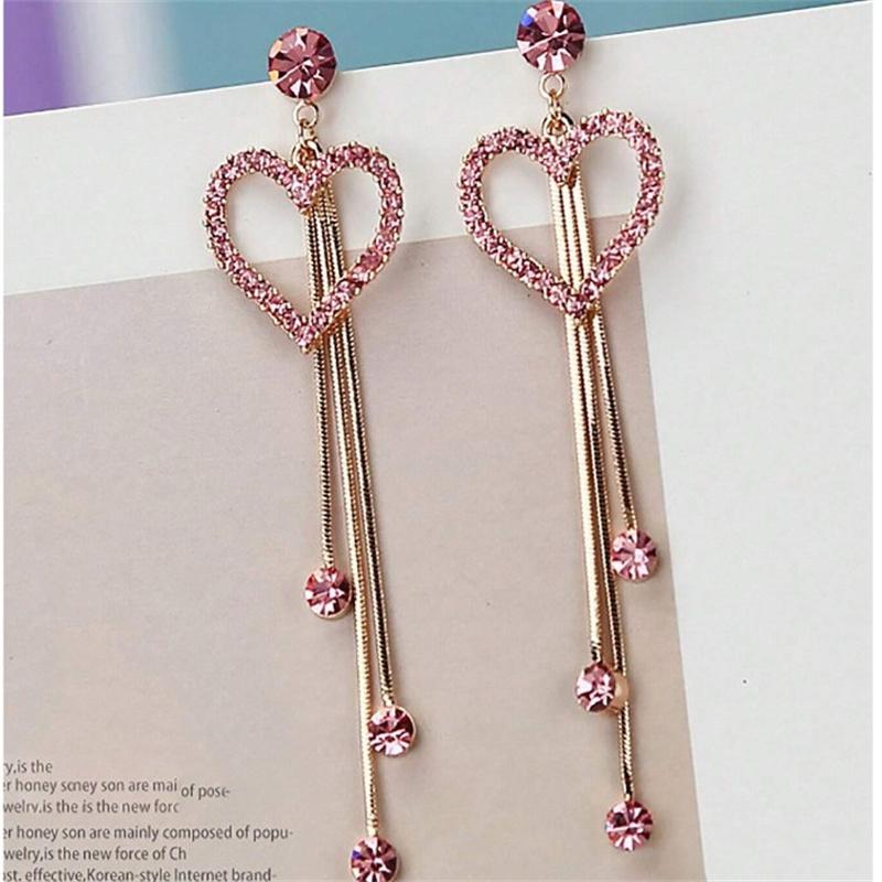 Pink Heart Shaped Zircon Long Tassel Gold Color Earrings For Women Elegant Exquisite Temperament Ladies Wedding Party Zircon