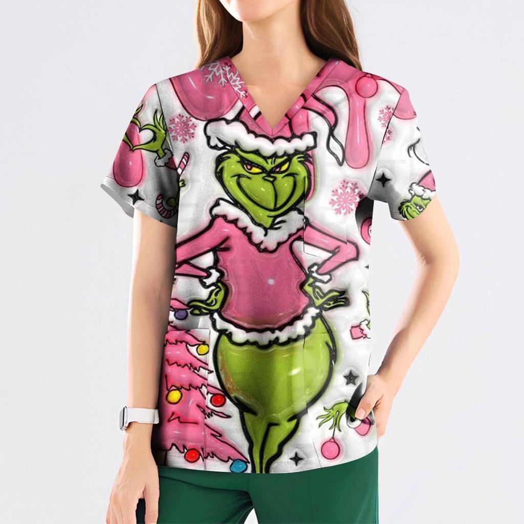 Damenmode Bedruckte Kurzarm-Oberteile mit V-Ausschnitt und Muster, Taschen, Arbeits-T-Shirts