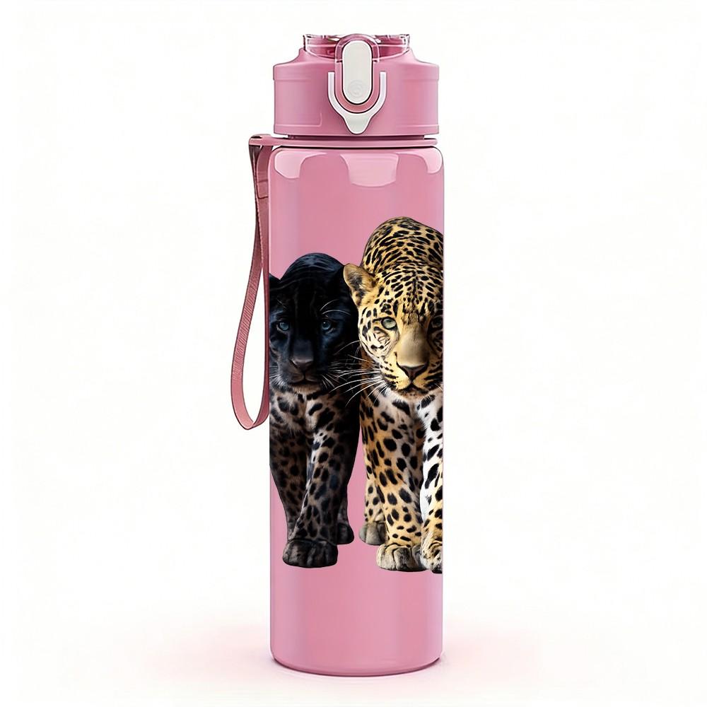1PC Black Leopard Cat Standing Animal Print 750ml Color Plastic Sports Water Bottle Leakproof Flip Straw Lid Suitable for Sports Office Home Use
