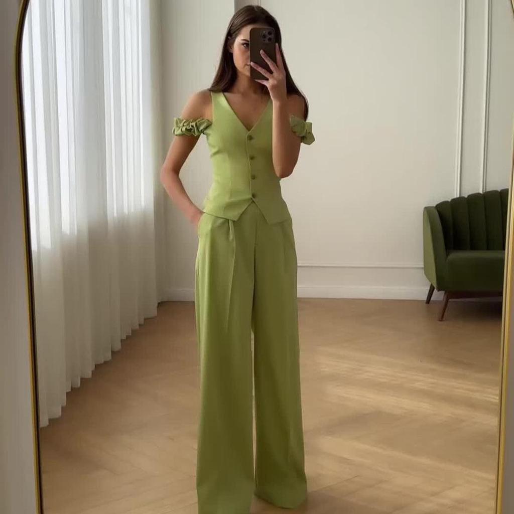 2024 Summer Women's High-Waist Solid Color Short Sleeve Two-Piece Set