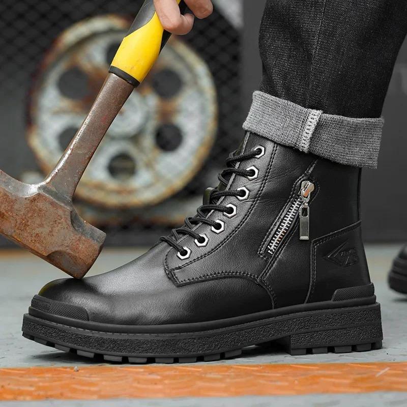 New 2024 Fashion Black Leather Men Work Safety Boots Zip Ankle Indestructible Steel Toe Cap Anti Smashing Shoes Male Footwear