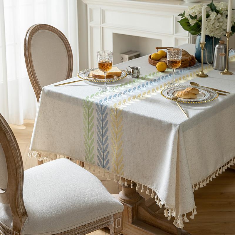 Embroidery High-Grade Waterproof Cotton And Linen Fabric Dining Table Cloth Rectangular Fringe Simple Tablecloth