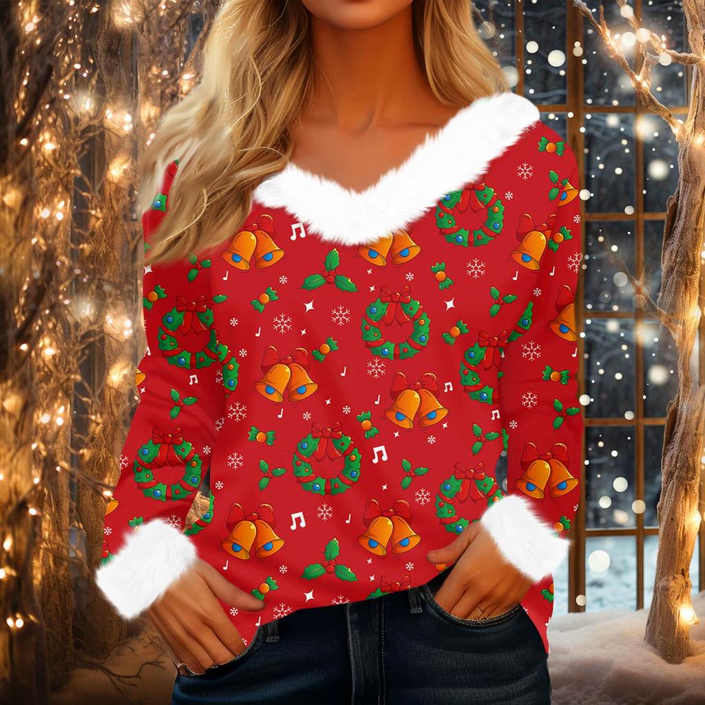 Damen Modisches Lässiges V-Ausschnitt Weihnachts-Print Langarm-Oberteil