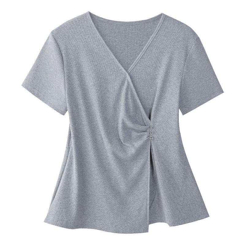 Women's Summer New Cross V Neck Solid Color Slim Waist Irregular Top