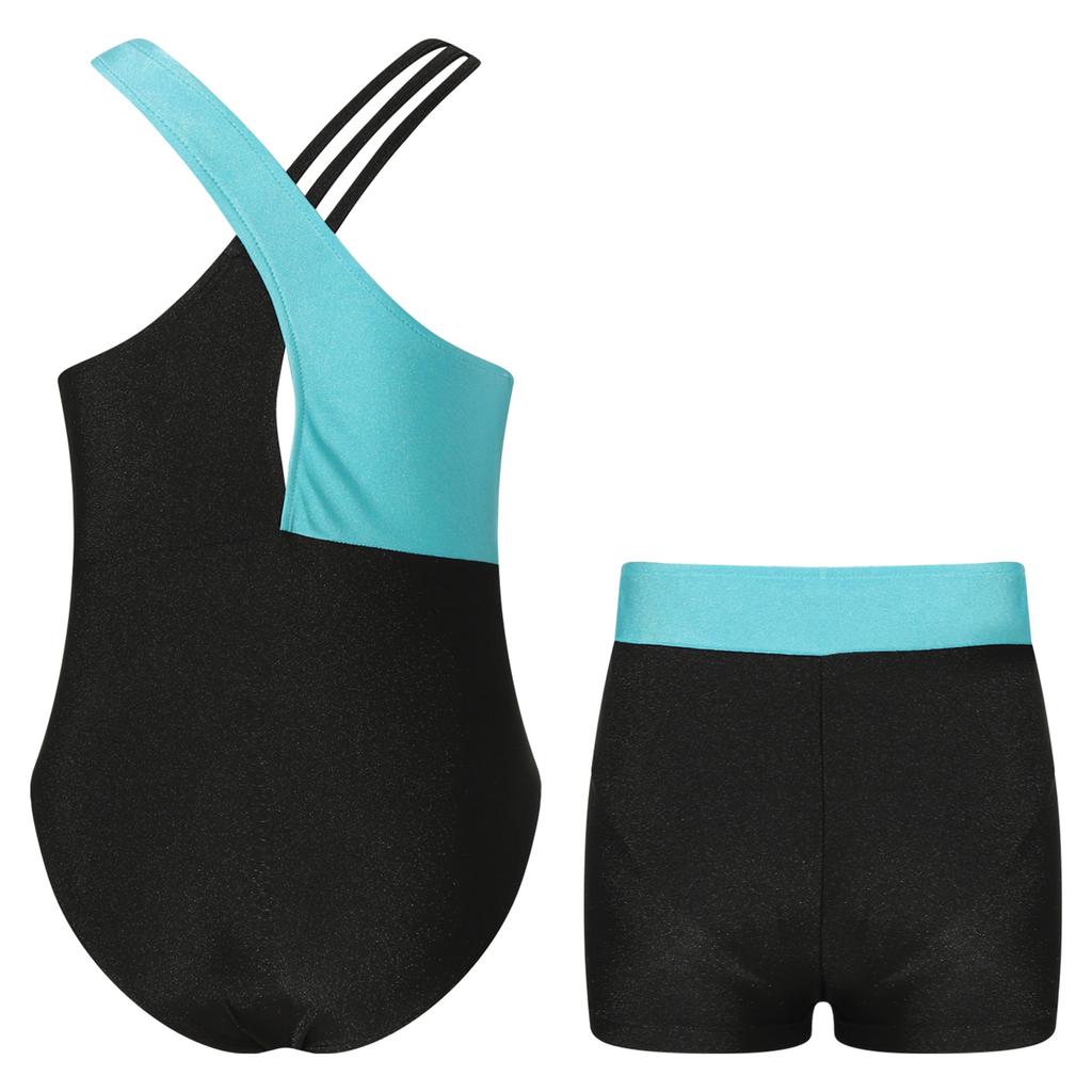 Girls Dance Wear Set Sleeveless Round Neckline Shiny Rhinestone Decorated Contrast Color Leotard and Shorts