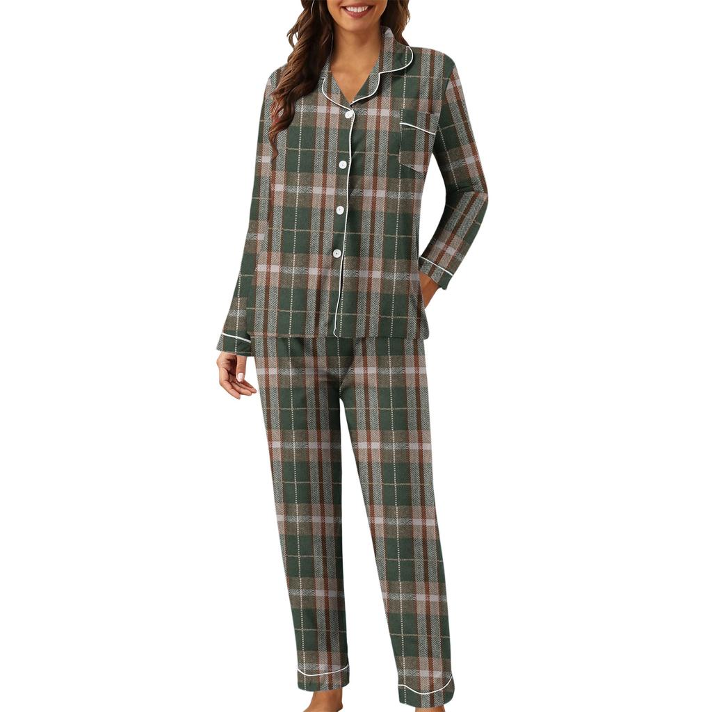 Women's Casual Fashion Plaid Patchwork Print Long-Sleeved Trousers Homewear Set