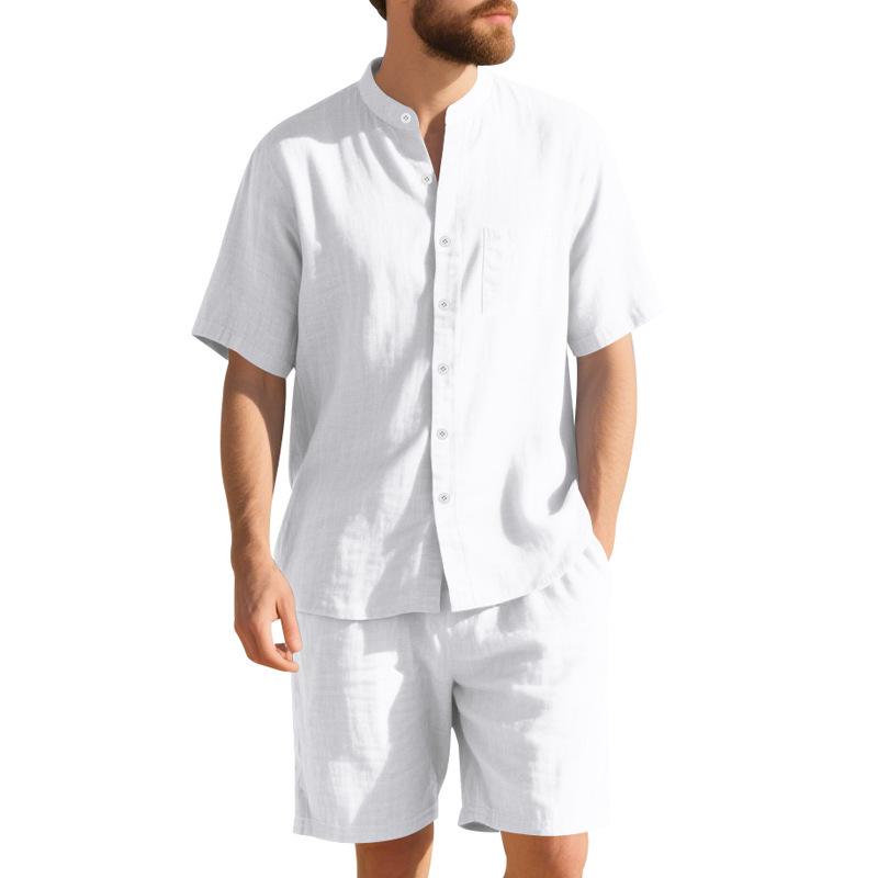 Men's Linen Henley Collar Beach Set: Summer Hawaii Short Sleeve Shirt & Shorts