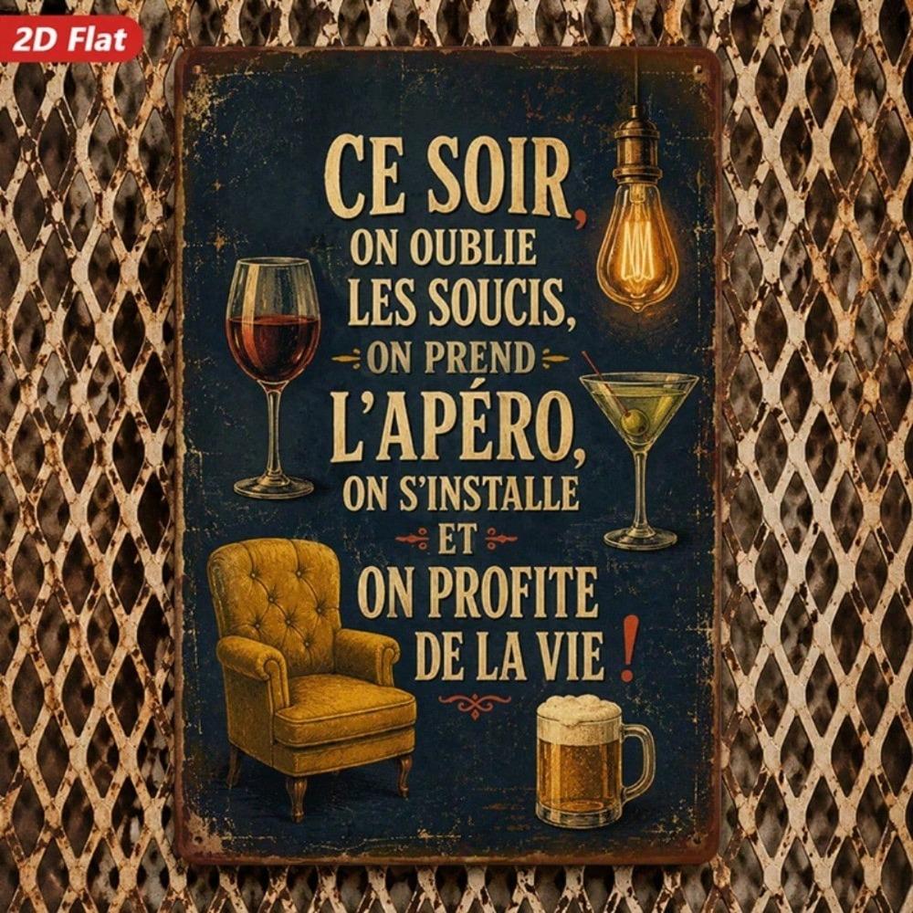 1pc French Aperitif Metal Sign, Ce Soir Aperitif Quote Wall Decor, Martini Cocktail Beer Mug Art for Home Bar Living Room