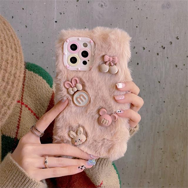 Ins koreanische süße 3D-Cartoon-Plüsch-Rosa-Telefonhülle für iPhone 13 12 11 Pro Xs Max X Xr 7 8 Plus Winter weiche stoßfeste Rückseite