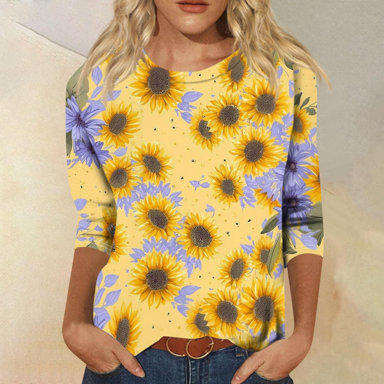 

Women s Fashionable Casual Round Neck Three-Quarter Sleeve Printed T-Shirt Top XL жовтий