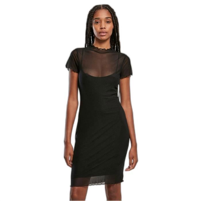 Robe double épaisseur - Urban Classics - Noir - Manches courtes - Jupon élastique - Slim moulant