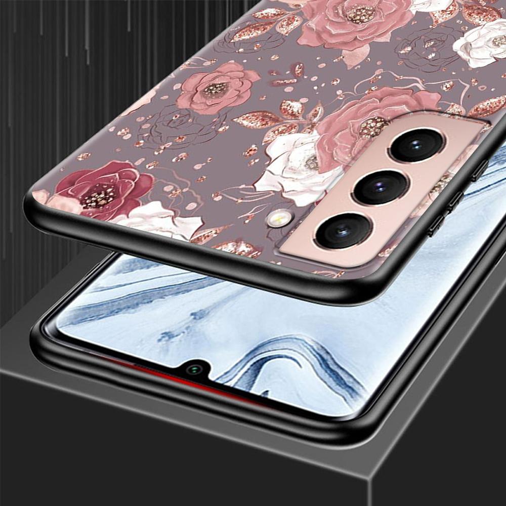 Pink Rose Bling Print Case for Samsung Galaxy S20 FE S21 S22 Ultra S10 Plus S9 S8 S10e S7 Edge Silicone Black Soft Phone Cover