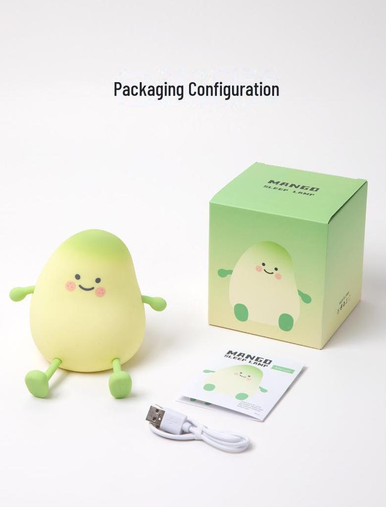 Mała zielona lampka LED z silikonu w kształcie mango: Ładowanie USB, Timer, Ściemnianie dotykowe, Miękkie światło do karmienia dziecka i ochrony oczu.