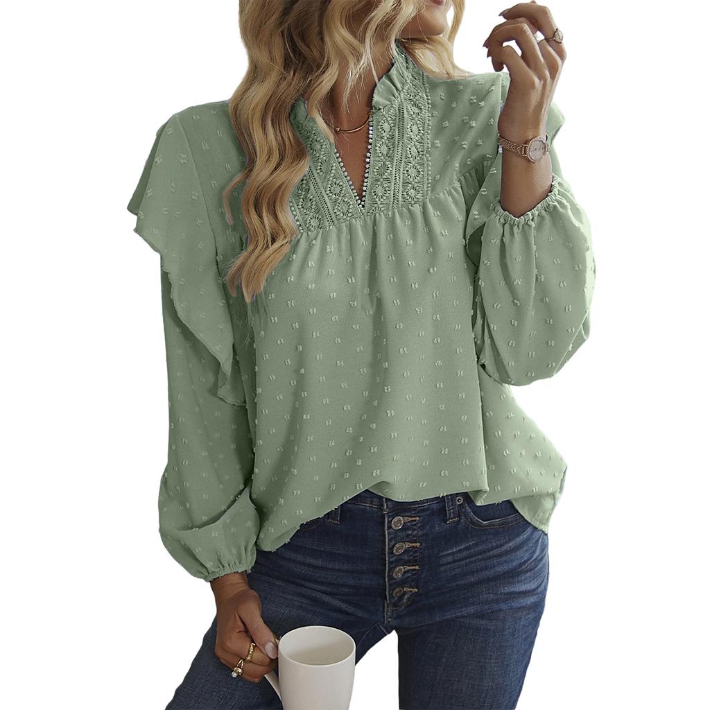 Women's V,Neck Lace Patchwork Blouse With Ruffled Sleeves