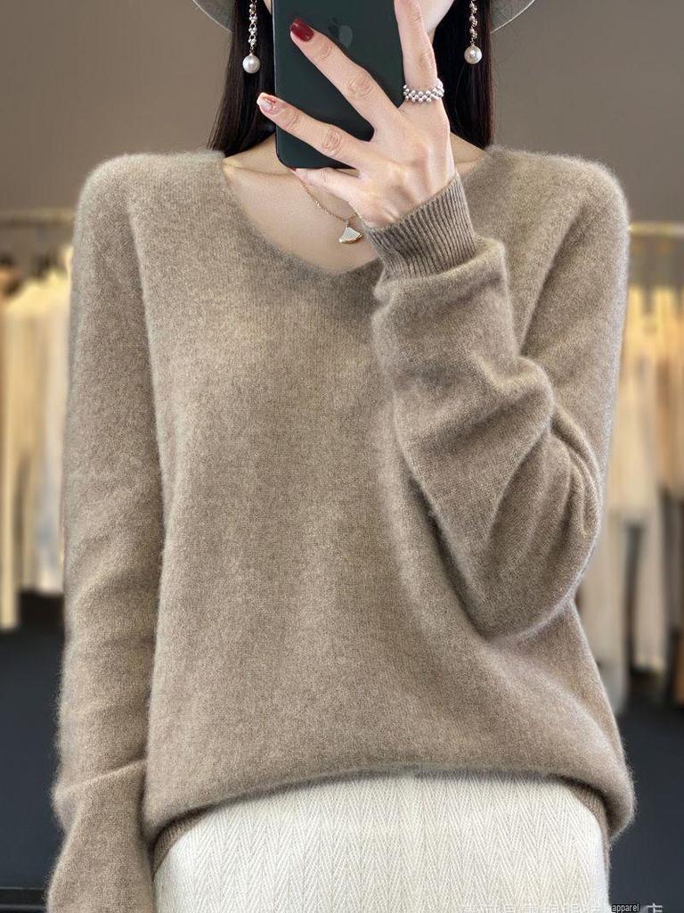 Light Luxury Women's V-neck 100% Wool Sweater - Autumn/Winter Versatile Knit Fashion Trend