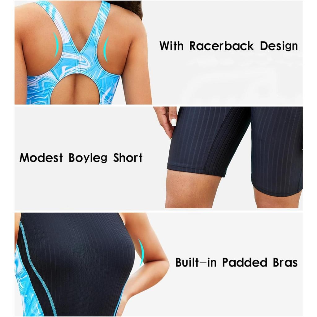 CHARMLEAKS Womens Boyleg One Piece Swimsuit Racerback Athletic Bathing Suit