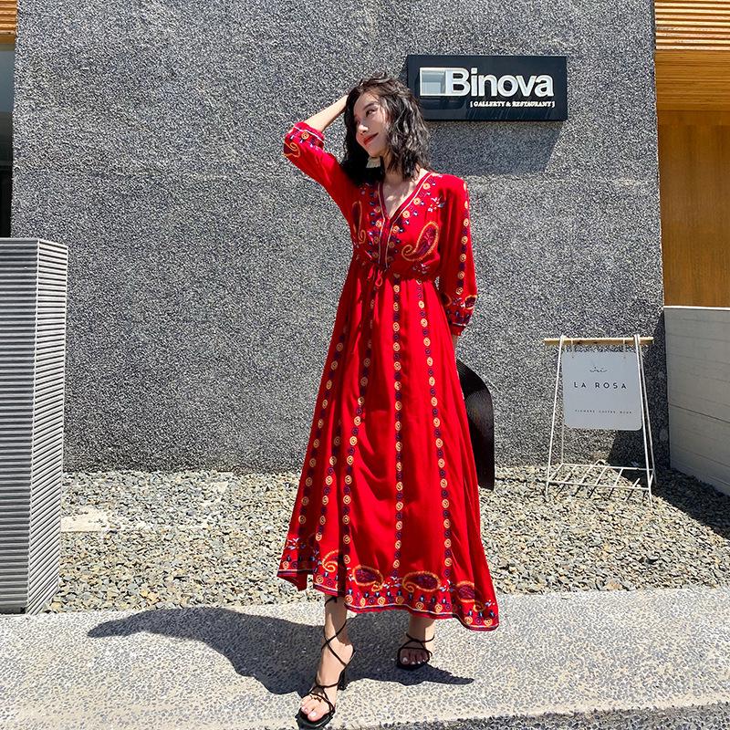 Ethnic Embroidered V-Neck Cotton Linen Dress, Fairy Style with Tie-Up and Swing, Perfect for Travel and Photos - Style 636