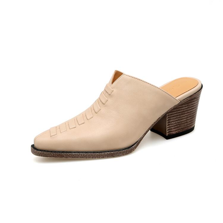 

Мода НОВЫЕ Летние Женские Мюли Обувь из Натуральной Кожи для Женщин Закрытый Носок Массивный Каблук Шлепанцы Перекрестная Шнуровка Острый Носок Черные Женские Сандалии 34 бежевый