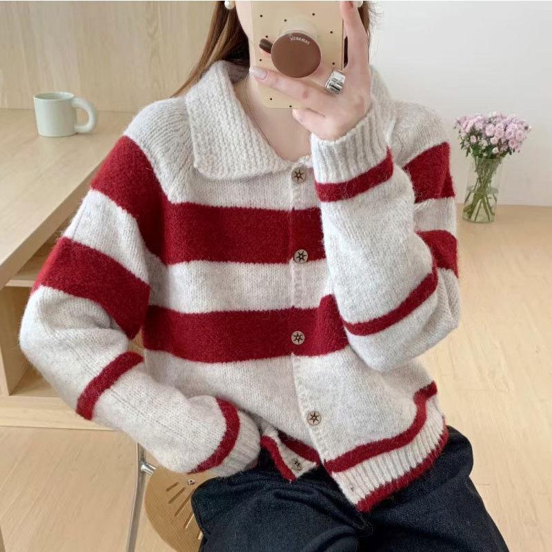 Koreanischer gestreifter Strickmantel für Damen - Herbst/Winter lockerer Cardigan-Stil