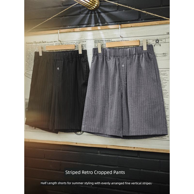 Madden parka Japanese style Vertical Stripe Gray Suit shorts cityboy Straight-leg Pants for Summer
