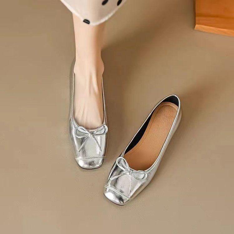 New French Versatile Ballet Shoes Single Shoes Spring Skirt Square Head Shallow Mouth Bow Women's Shoes