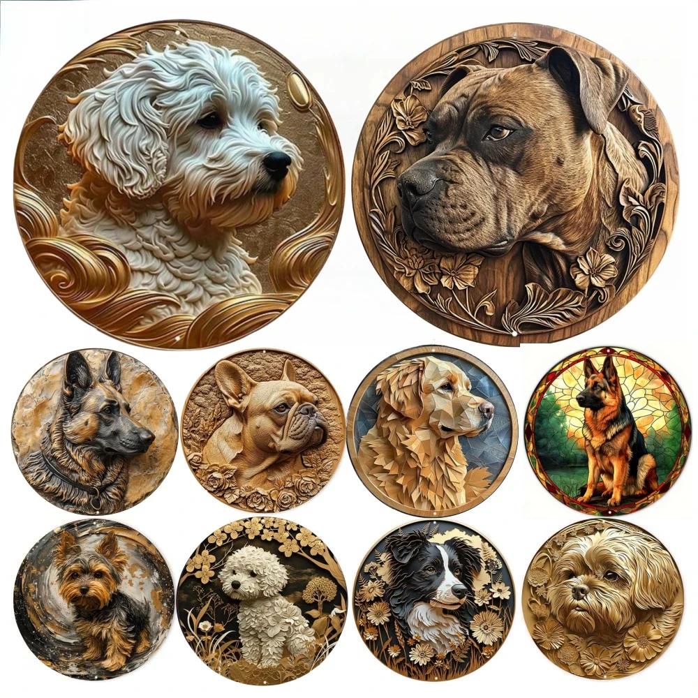 Round Metal Aluminum Sign Faux Embossing Wreath Sign Living Room Decoration Mothers Day Gifts French Bulldog Themed Decoration