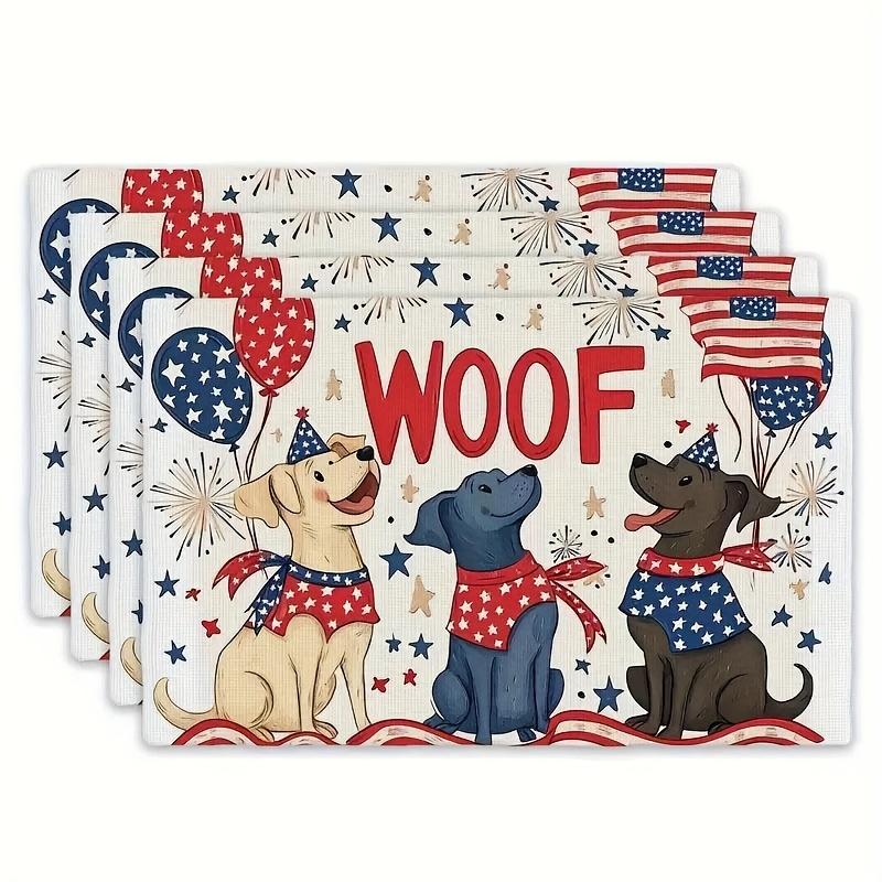 

Dog Party Placemats Set of 4 Woof American Flag Balloons Print Table Mats Linen Decor for Pet Lovers Patriotic Tableware 4Pcs-30X45cm(12X18in