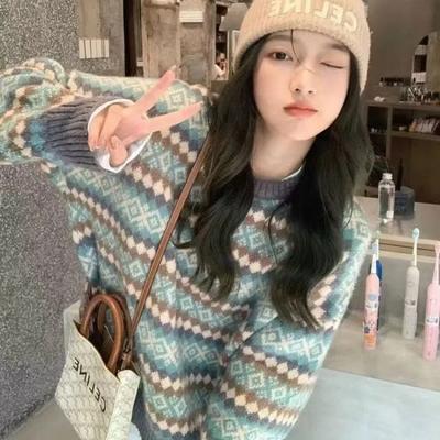 Retro Jacquard Sweater Women's Lazy Style Round Neck Hoodie Long Sleeve Top Women's Loose Outerwear