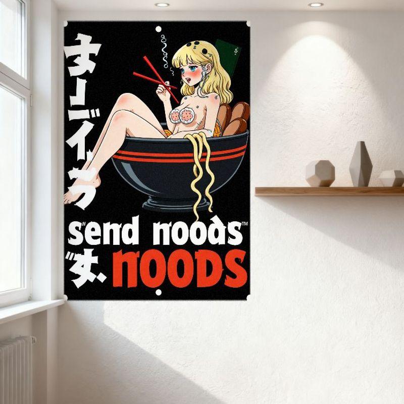 Anime Foodie Girl In Bowl Metal Tin Sign, Noodle Themed Wall Art, Playful Cartoon Wall Plaque for Home Bar Cafe Decor, Red Black