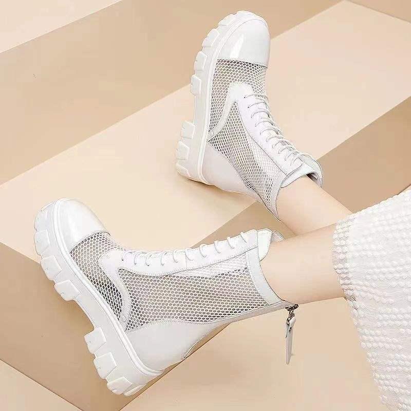 Genuine Leather Mesh Thick Sole Height-Boost Women's Martin Boots 2025 - Breathable Cut-out Design