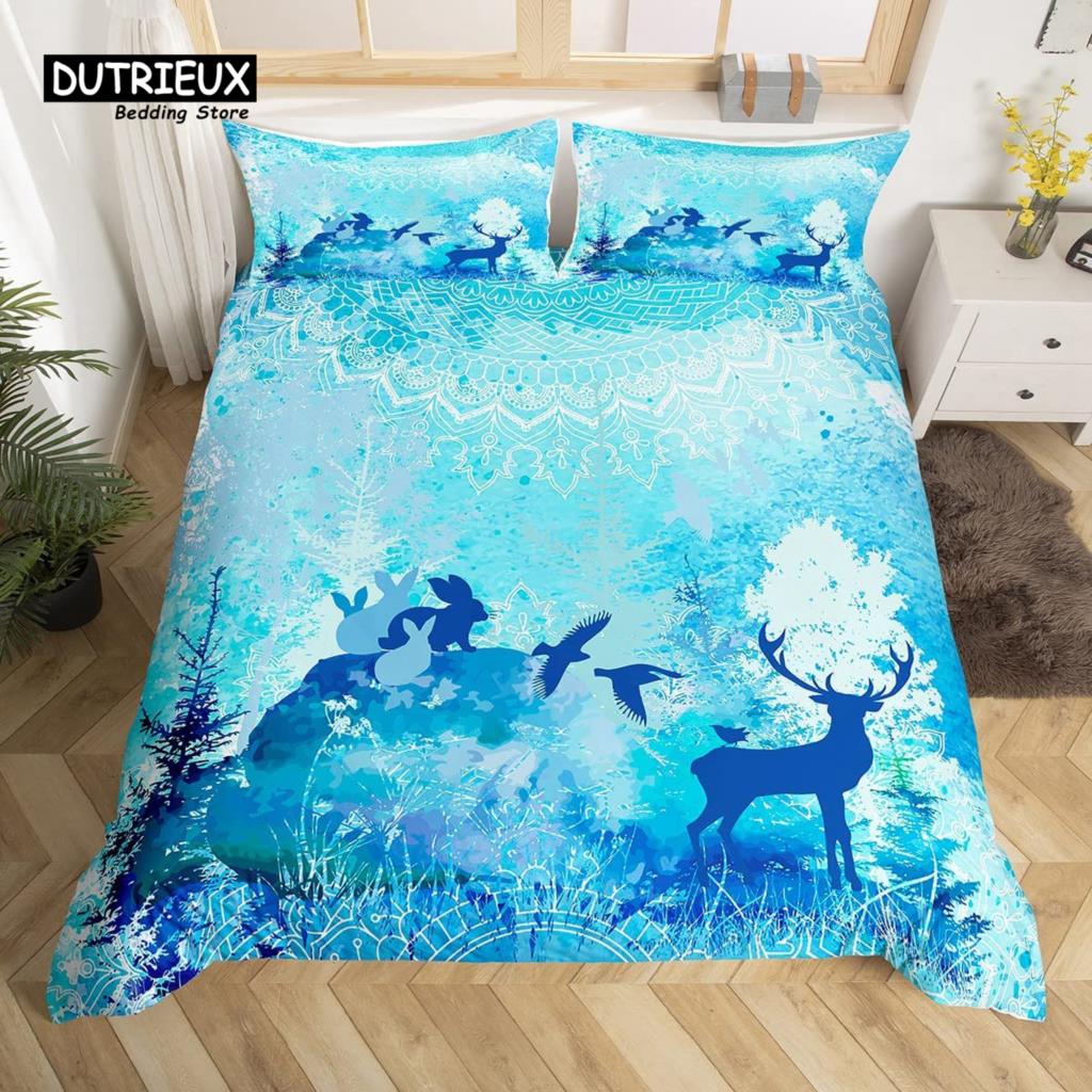Cute Rabbit Duvet Cover Set Twin Queen Colorful Flower Bedding Set Microfiber Botanical Floral Cartoon Animal Comforter Cover