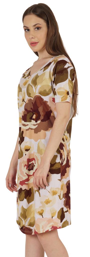 Moomaya Cotton Jersey Printed Midi Dress For Women V-Neck Summer Short Sleeves Knee Length