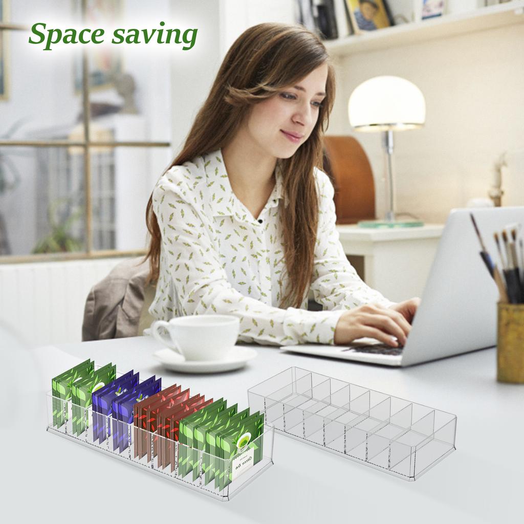 4Pcs Tea Bag Storage Box Acrylic Transparent Tea Packet Drawer Organizer with 8 Divider for Kitchen Cabinet Countertop